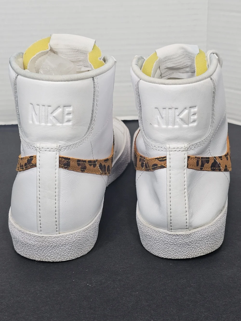 Nike White High-Top Sneaker with Leopard-Print Swoosh Womens Sz 9 White
